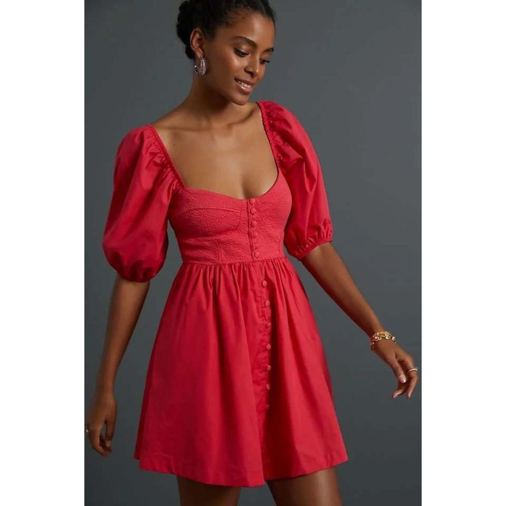 Maeve by Anthropologie Mini Dress Women SZ XS Pink Barbiecore Puff Sleeve Cute